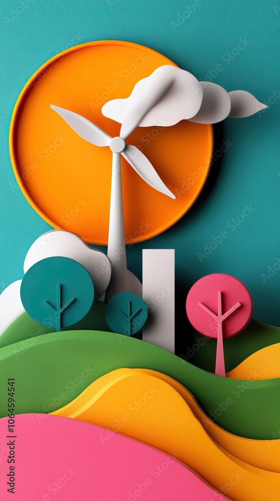 A vibrant paper cut-out landscape featuring a wind turbine, colorful trees, rolling hills, and a bright sun against a teal background. A vibrant paper cut-out landscape featuring a wind turbine, colorful trees, rolling hills, and a bright sun against a teal background.
