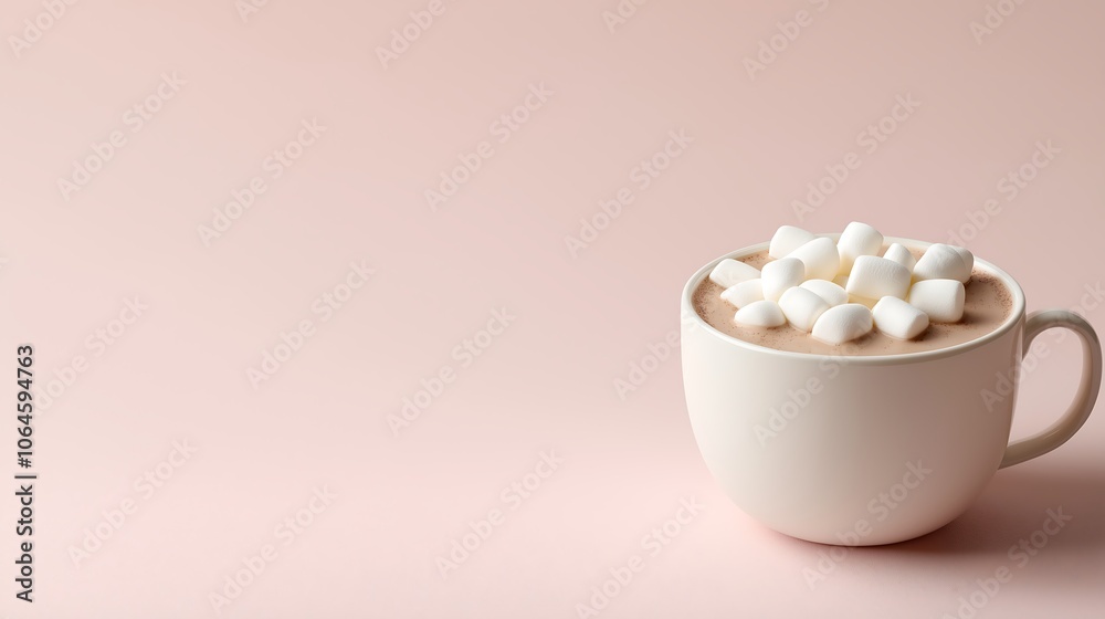 Warm cup of hot chocolate topped with fluffy marshmallows on a soft pink background, perfect for cozy winter evenings and sweet treats