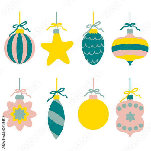 Traditional Christmas ornaments clipart collection. Perfect for banner, flyer, label, postcard, sale, stickers. Isolated vector illustration.