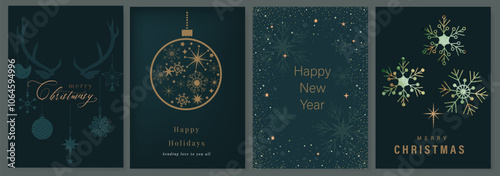 Luxury Happy Holidays invitation card design vector. Elegant Happy New Year card with little star, bauble, pine leaves on emerald green background. Design for Season's Greeting, Christmas, cover.
