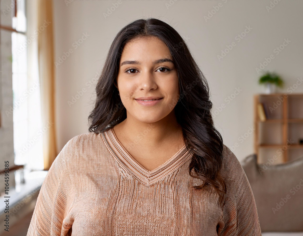 Portrait of Young Beautiful Woman in Sustainable Minimalist Clothing Indoors Portrait of Young Beautiful Woman in Sustainable Minimalist Clothing Indoors