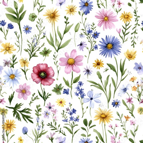 Watercolor Wildflowers Seamless Pattern