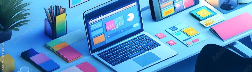 A Blue Desk with a Laptop, Pencils, Notebooks, and a Plant A Blue Desk with a Laptop, Pencils, Notebooks, and a Plant
