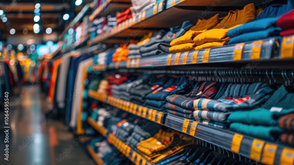 Vibrant Clothing Shelves Filled with Stylish Apparel in a Modern Retail Environment Vibrant Clothing Shelves Filled with Stylish Apparel in a Modern Retail Environment