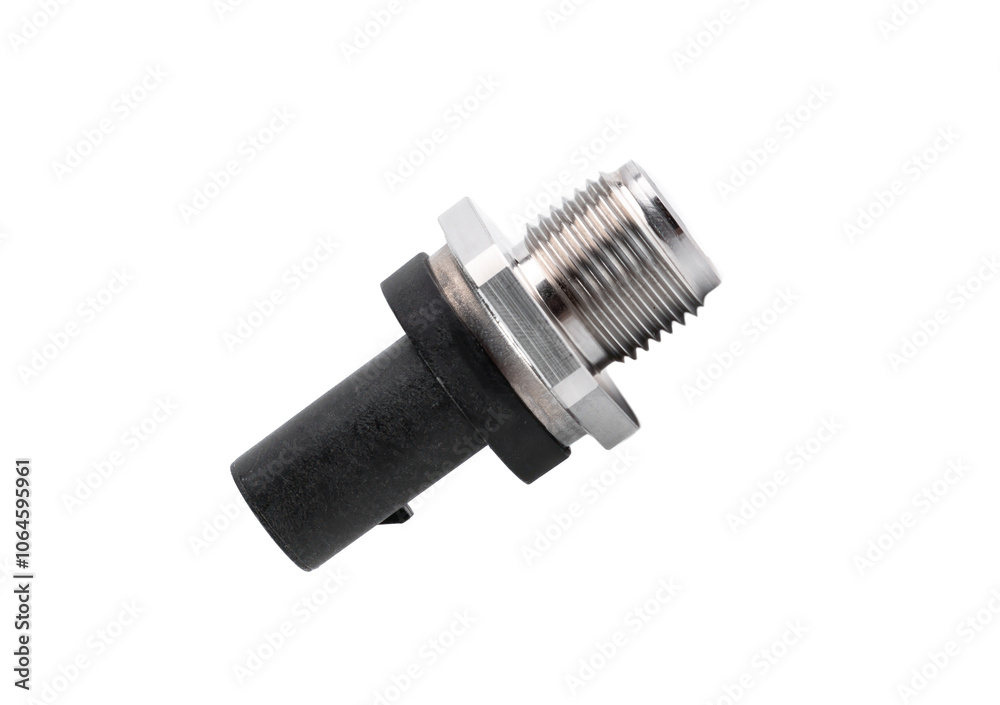New rail fuel pressure sensor on white background close up New rail fuel pressure sensor on white background close up