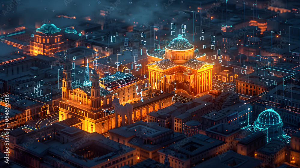 Fototapeta premium Digital transformation of a city with ancient architecture