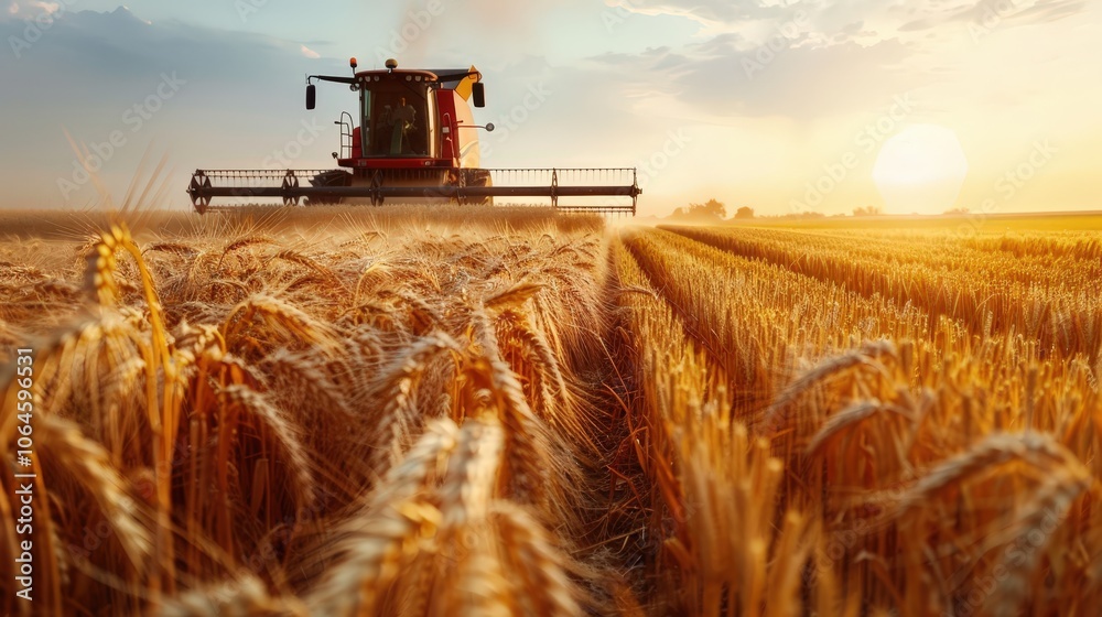 Fototapeta premium A Vibrant Sunset Over Wheat Fields with a Red Combine Harvester Working in Peaceful Harmony