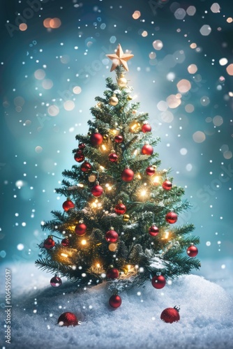 A decorated Christmas tree with twinkling lights and red ornaments sits in the snow. AI.