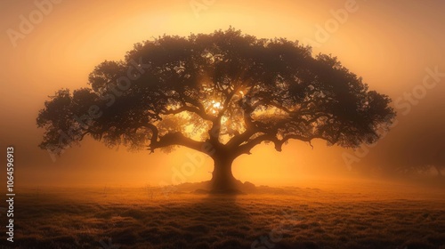 Solitary Tree in Golden Mist