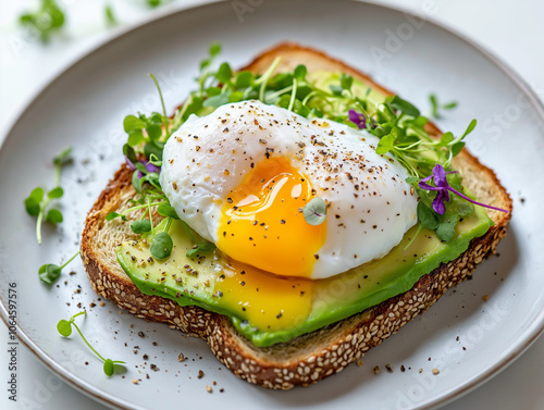 Top view of healthy avocado toast with poached eggs