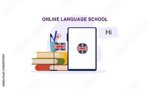 Online language school banner. Concept of digital training foreign languages, distance study