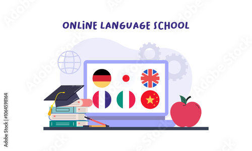 Online language school banner. Concept of digital training foreign languages, distance study