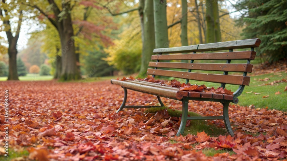 Park bench covered in autumn leaves in a serene forest setting Park bench covered in autumn leaves in a serene forest setting