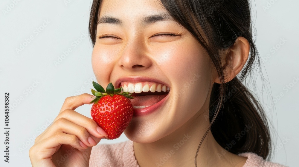 A woman smiles while eating a strawberry. AI. A woman smiles while eating a strawberry. AI.