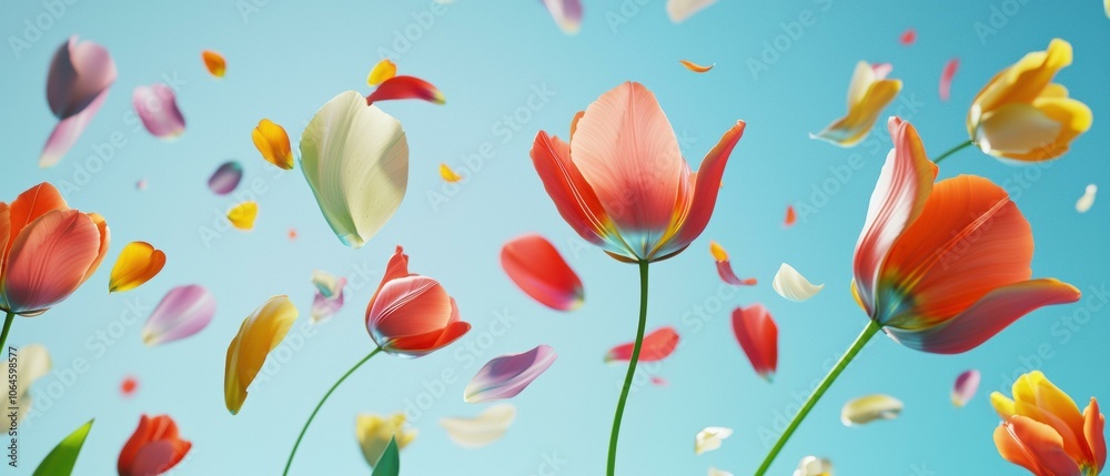 Colorful tulips and petals floating in the air. AI. Colorful tulips and petals floating in the air. AI.