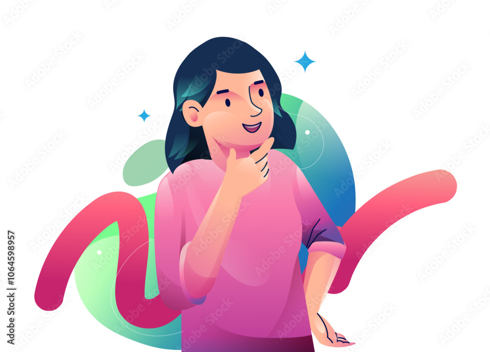 A woman finding Idea illustrations. finding solution, thinking, sharing offers, lightbulbs. Creativity, creation process