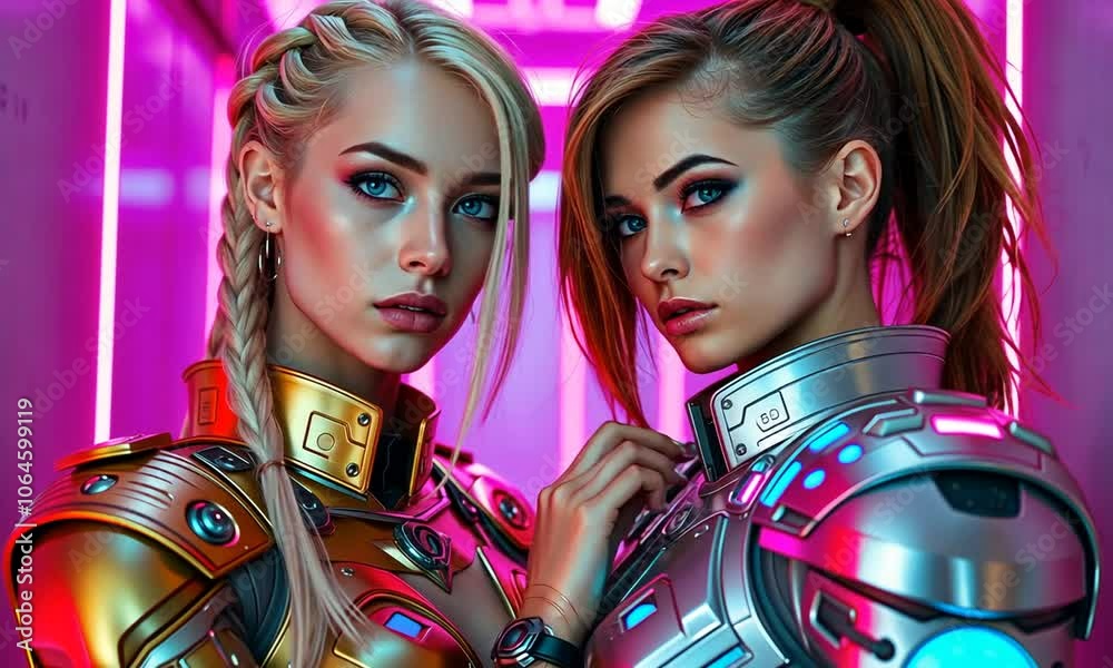 Two women in futuristic armor posing together in neon-lit corridor during a sci-fi themed event Two women in futuristic armor posing together in neon-lit corridor during a sci-fi themed event