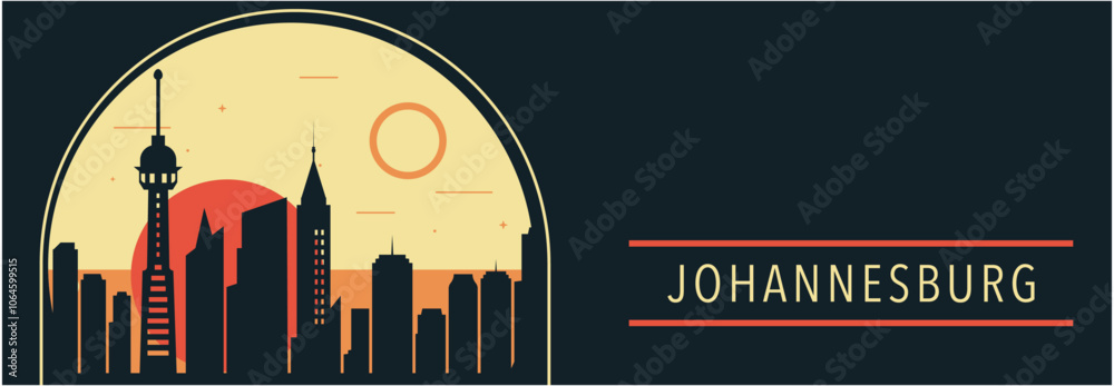Fototapeta premium Johannesburg city retro style vector banner with skyline, cityscape. South Africa vintage horizontal illustration. Travel long layout for web, presentation, header, footer, infographics