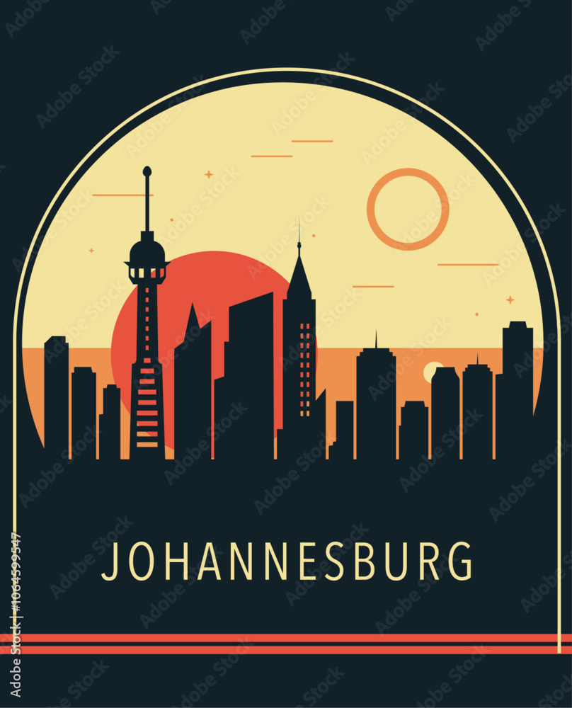 Fototapeta premium Johannesburg city retro style poster with skyline, cityscape. South Africa vintage vector illustration. Travel front cover, brochure, flyer, leaflet template, layout image