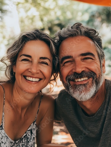 Smiling faces of middle-aged friends enjoying a picnic, with soft sunlight illuminating their joyful expressions, isolated for text