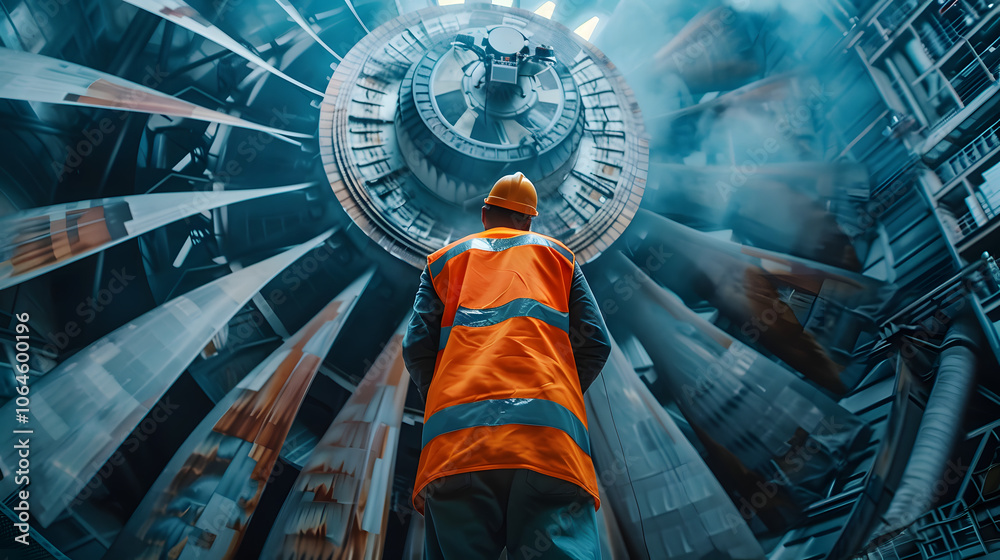 Obraz premium Drone inspection. Operator inspecting construction building turbine power plant