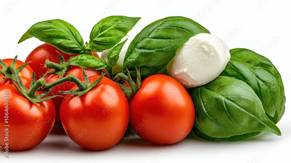 A photostock of cherry tomatoes with mozzarella and basil leaves on a white background, fresh and appetizing. A photostock of cherry tomatoes with mozzarella and basil leaves on a white background, fresh and appetizing.