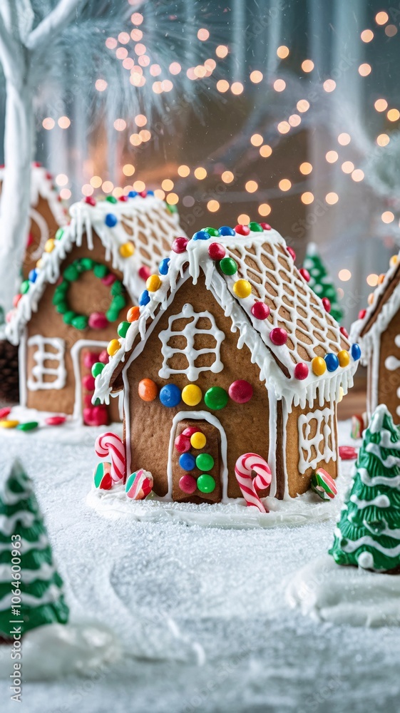 Fototapeta premium A charming gingerbread village with colorful candy decorations and a snowy backdrop.