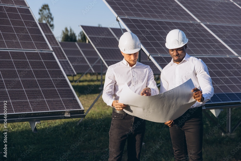 Two Engineers Wearing Hard Hats Analyzing Blueprints at a Solar Panel Field on a Sunny Day Two Engineers Wearing Hard Hats Analyzing Blueprints at a Solar Panel Field on a Sunny Day