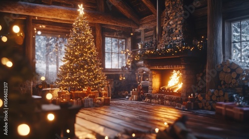 Rustic cabin with a glowing tree and a roaring fireplace surrounded by wood logs.