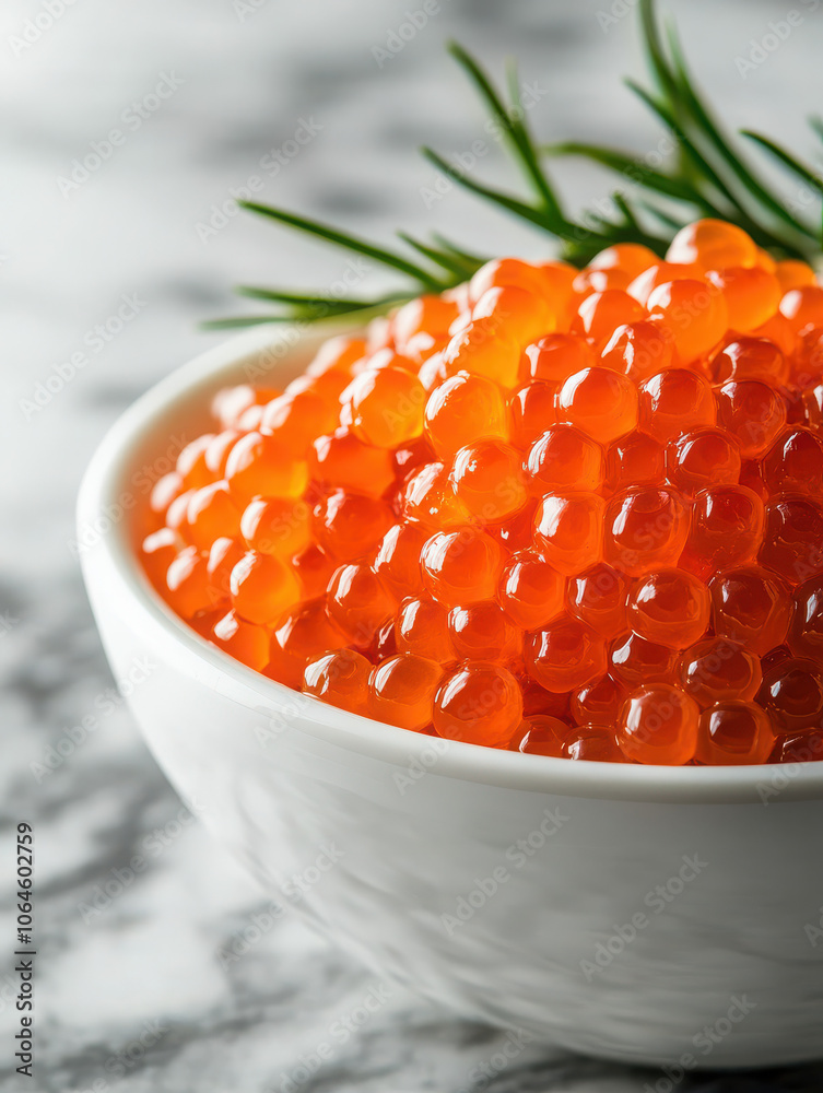A bowl filled with vibrant orange fish roe garnished with fresh herbs. A bowl filled with vibrant orange fish roe garnished with fresh herbs.