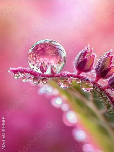 A close-up shot of a crystal-clear water droplet resting on a vibrant, pink leaf, capturing the beauty of nature's details.