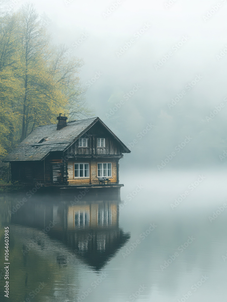 Fototapeta premium A serene wooden house by a misty lake, reflecting nature's tranquility.