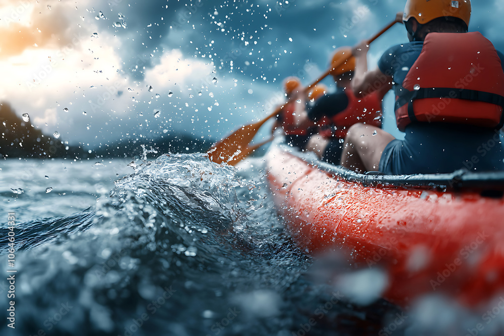 Naklejka premium Rowers overcome strong currents with focused determination