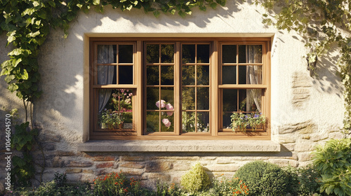 Two windows with wooden frames sit on a stone wall. The windows are open, letting in the sunlight and casting shadows on the wall photo