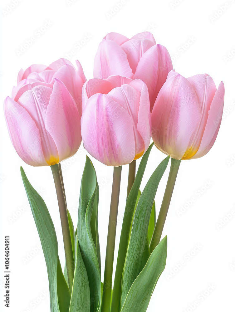 Fototapeta premium A bouquet of pink tulips with green leaves, symbolizing beauty and spring.