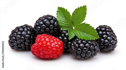 A photostock of fresh blackberries on a white background, juicy and close-up.
