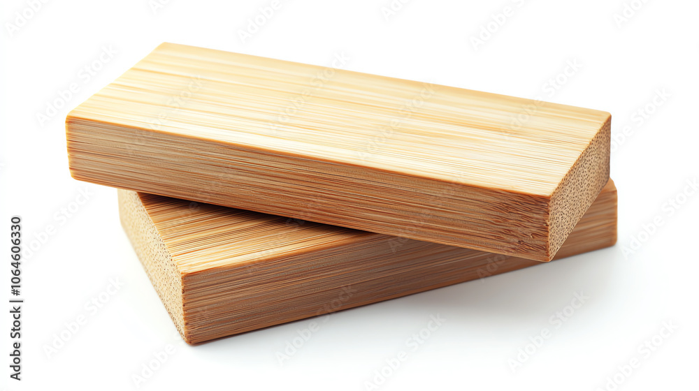 Stacked wooden boards with natural finish on white
