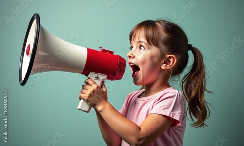 A young girl excitedly shouts into a large red and white megaphone, expressing enthusiasm and energy. She has her hair tied in a ponytail