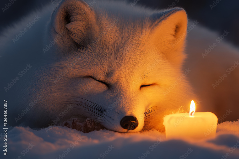 Naklejka premium Closeup of an Arctic Fox next to candlelight in snow illuminating the head of the beautiful white animal