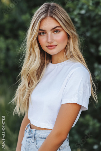 Vertical portrait of a young blonde caucasian woman wearing a blank white mockup t-shirt with copy space