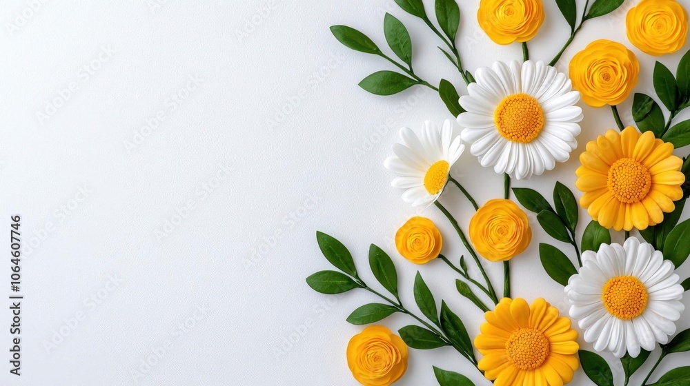 A photostock of fresh white daisies on a white background, bright and natural. A photostock of fresh white daisies on a white background, bright and natural.