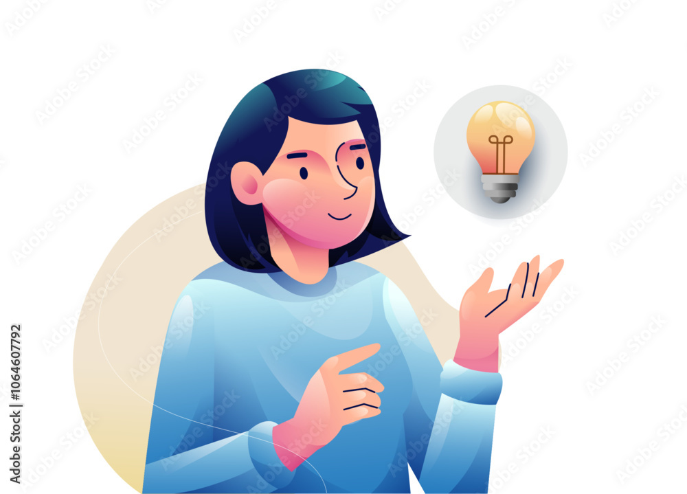 A woman finding Idea illustrations. finding solution, thinking, sharing offers, lightbulbs. Creativity, creation process.