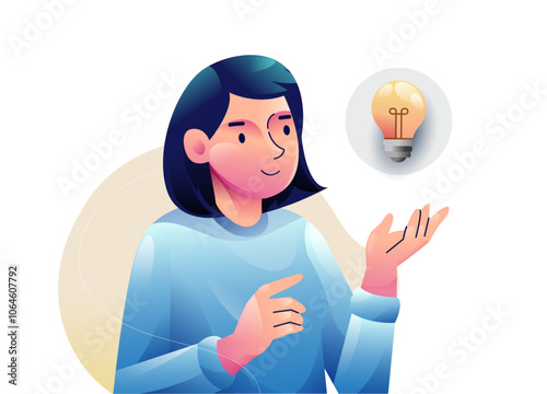 A woman finding Idea illustrations. finding solution, thinking, sharing offers, lightbulbs. Creativity, creation process.