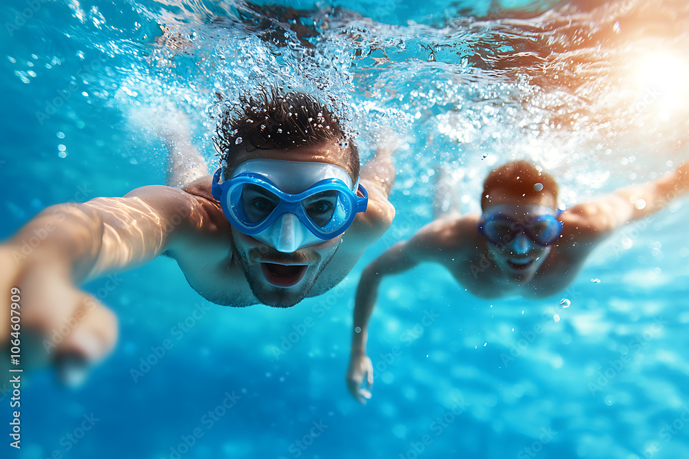 Naklejka premium Swimmers dive in unison into olympic-sized outdoor pool
