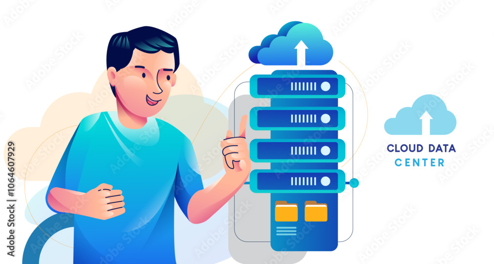 Man with big cloud with arrow as symbol of online storage service. Data download and upload concept. Modern flat design illustration.