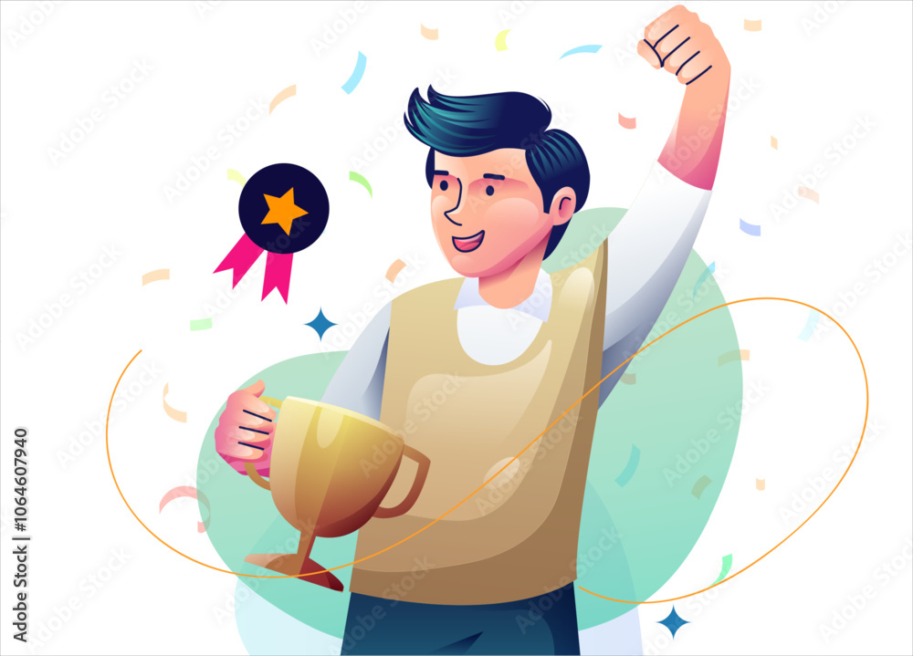 Business goal celebrating. Celebrating success and victory. Concept of win, achievement and luck. Winners rejoicing their triumph. Modern flat design illustration.