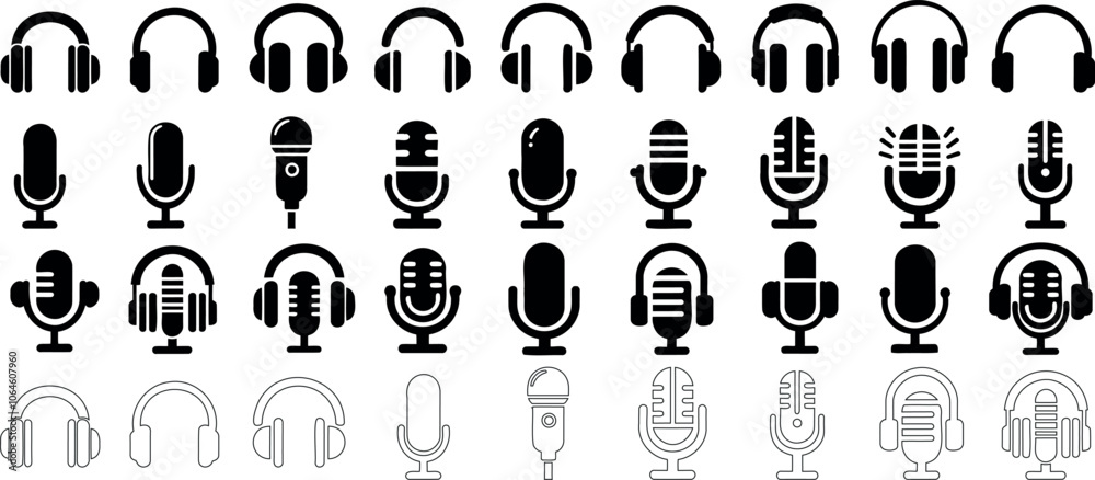 Microphone and headphone icons silhouette. Perfect mic set for audio, music, and podcast themes, diverse styles for sound recording, streaming, and multimedia projects Microphone and headphone icons silhouette. Perfect mic set for audio, music, and podcast themes, diverse styles for sound recording, streaming, and multimedia projects