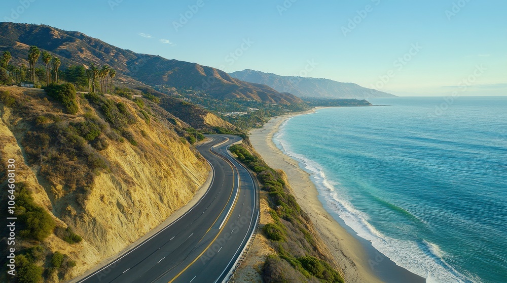 Scenic coastal road along a beach and mountains. Scenic coastal road along a beach and mountains.
