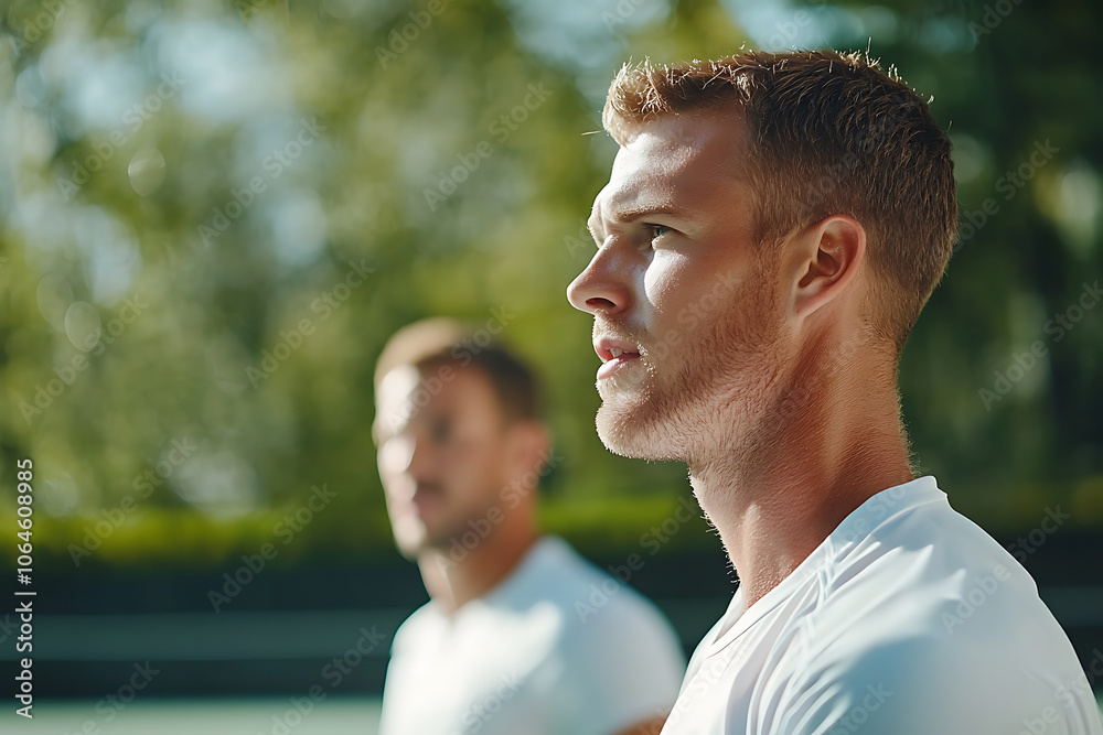 Doubles tennis team focuses on strategy and preparation for intense serve Doubles tennis team focuses on strategy and preparation for intense serve
