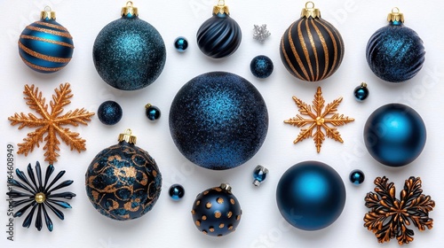 A photostock of holiday decorations like ornaments and snowflakes on a white background. photo